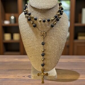 Gold Tone Black Rosary Necklace Stainless Steel Crucifix Miraculous Medal 20 In